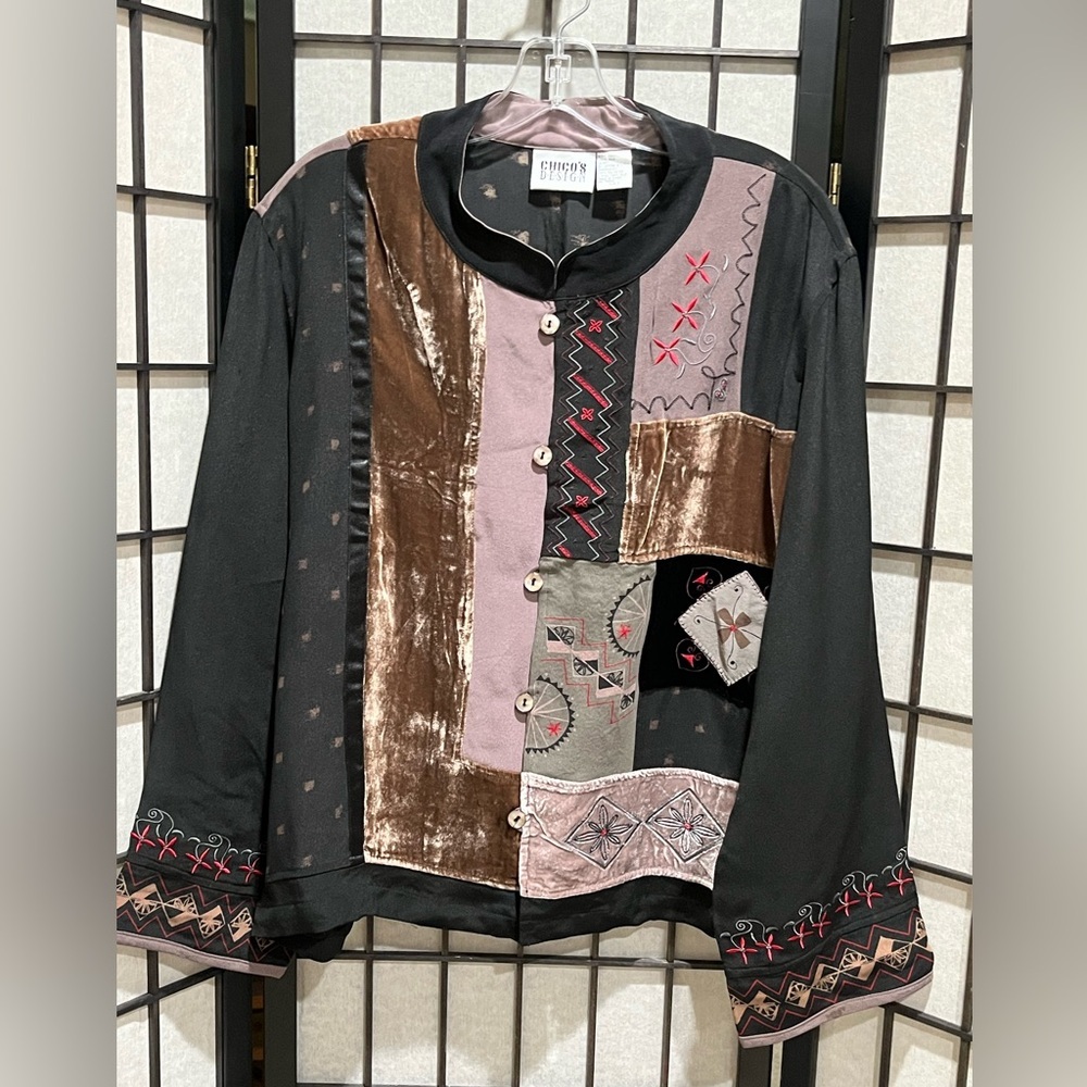 CHICO’s DESIGN Eclectic SILK / VELVET Patchwork Button FRONT Jacket - SIZE L